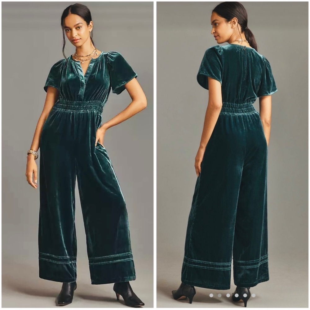Anthropologie The Somerset Jumpsuit Velvet Edition Size Small Forest Green NEW